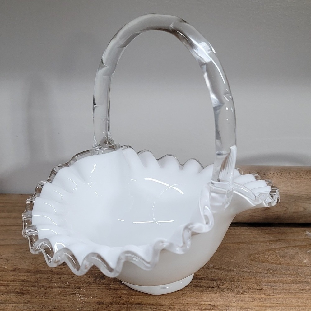 Vintage Fenton Milk Glass Basket Silver Crest Ruffled Edge Bamboo Handle 6.5in